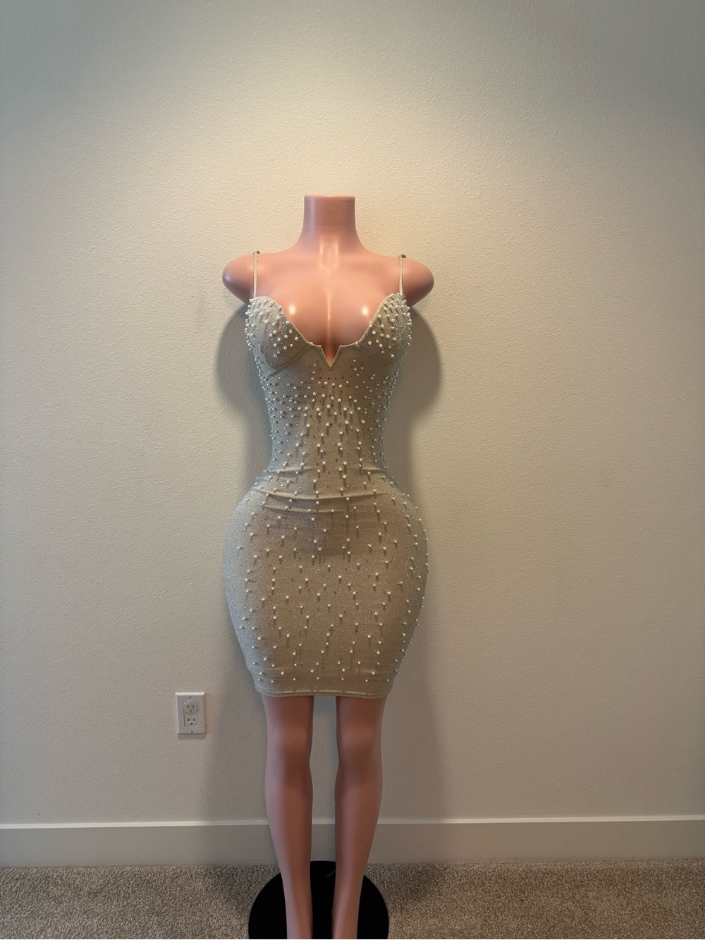 Windsor Nude Pearl-Studded Mini Dress